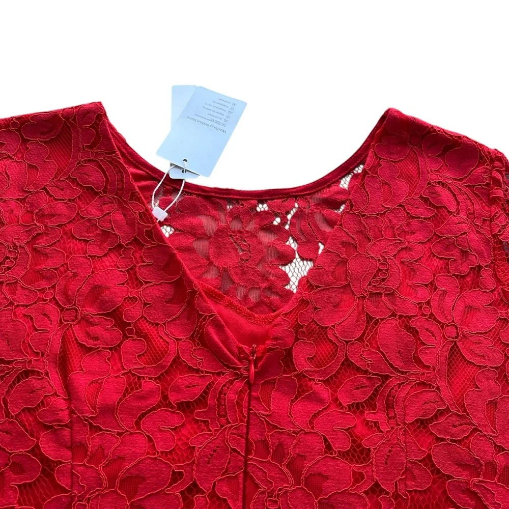 MSLG Womens Sz Large Bright Red Floral Lace Short Sleeve Round Neck A-line Dress